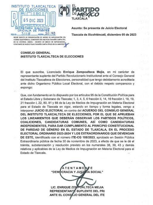 Promueve PRI juicio electoral contra acuerdo del ITE